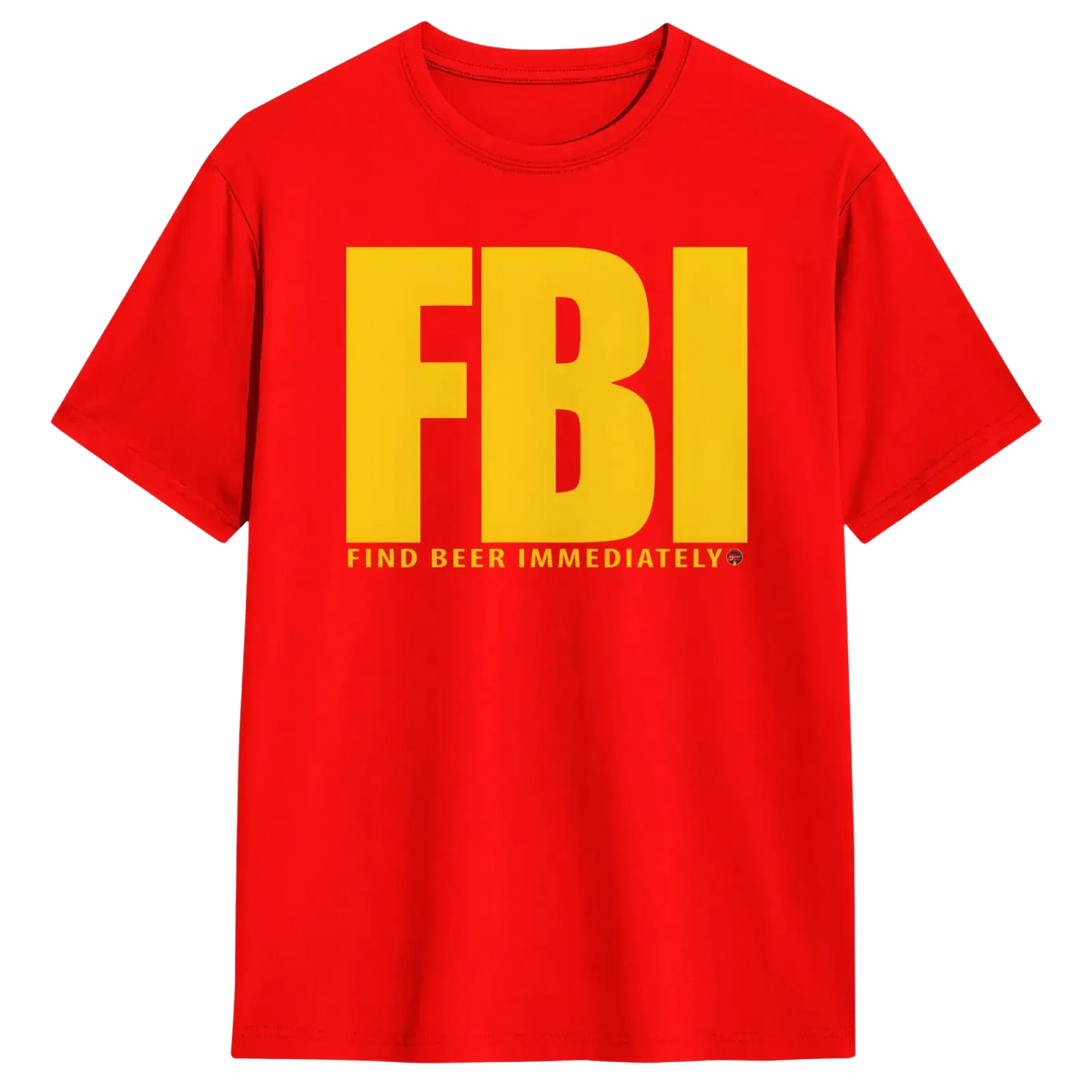 Men’s red cotton short-sleeved t-shirt with bold yellow FBI lettering and find beer immediately phrase printed below