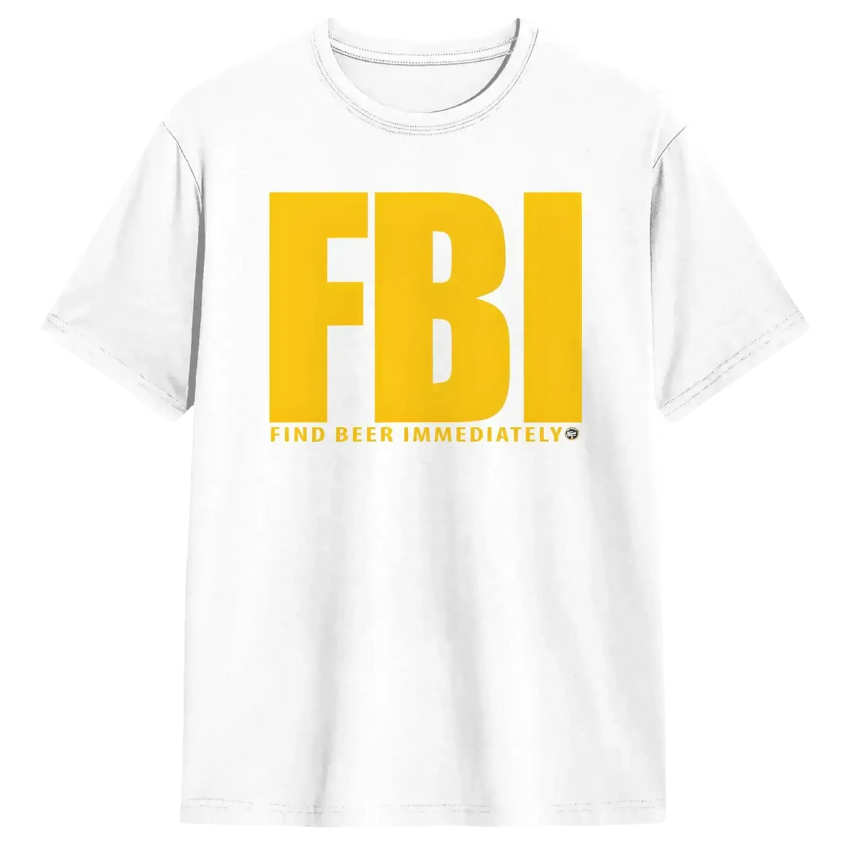 Men’s white cotton t-shirt with bold yellow fbi lettering and beer immediately phrase printed below in smaller text