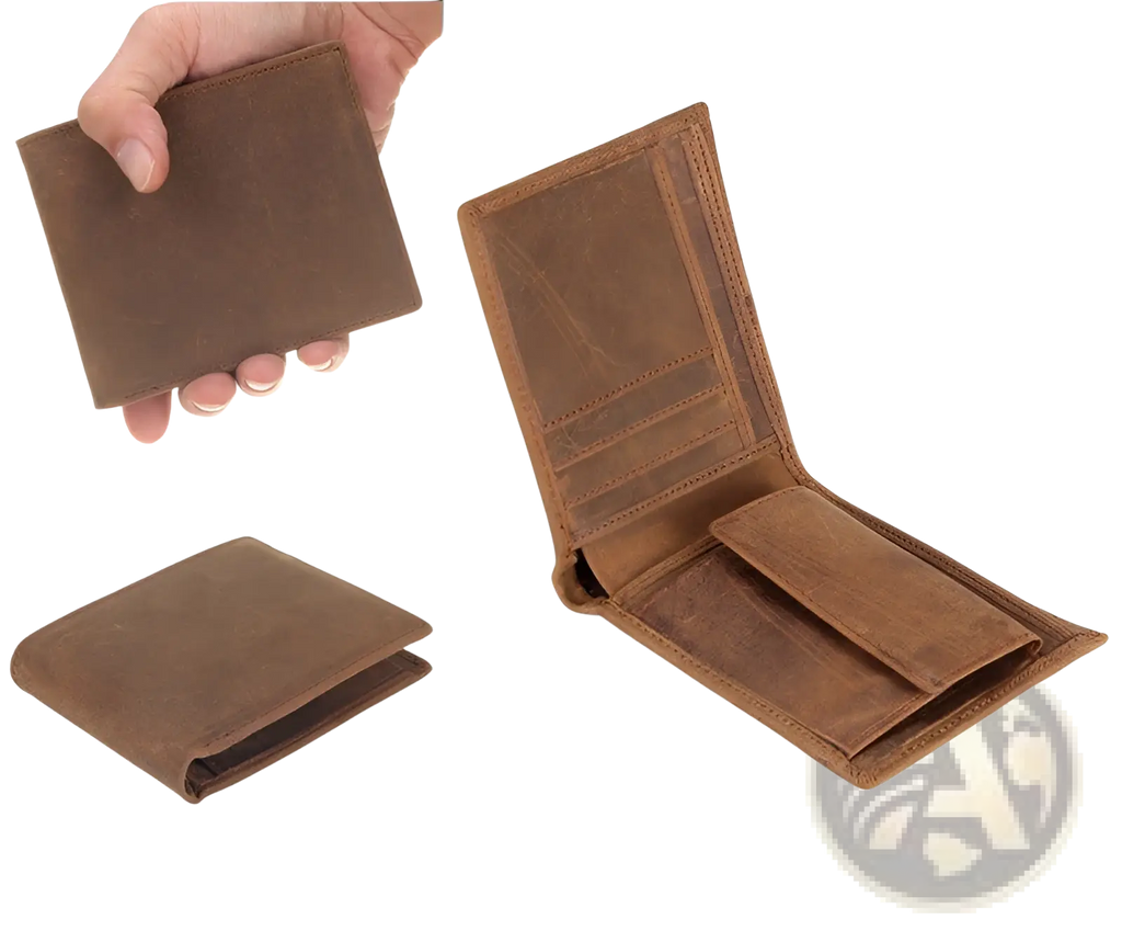Men’s first layer cowhide leather bifold wallet in brown with visible stitching and multiple card slots