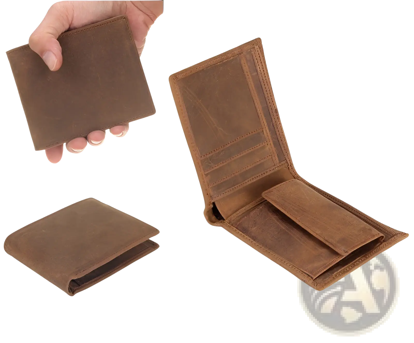 Men’s first layer cowhide leather bifold wallet in brown with visible stitching and multiple card slots