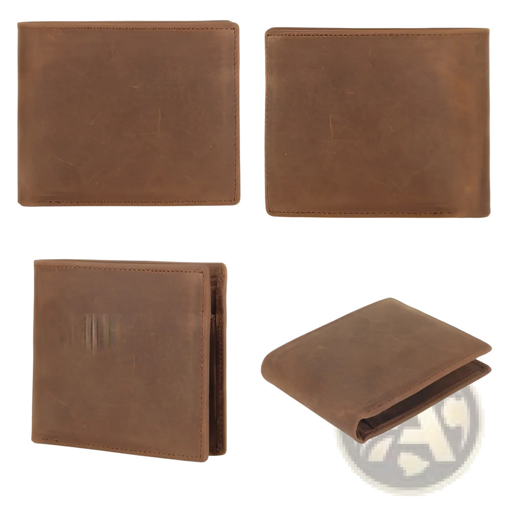 Brown leather men’s first layer cowhide bifold wallet with visible stitching and a worn textured finish