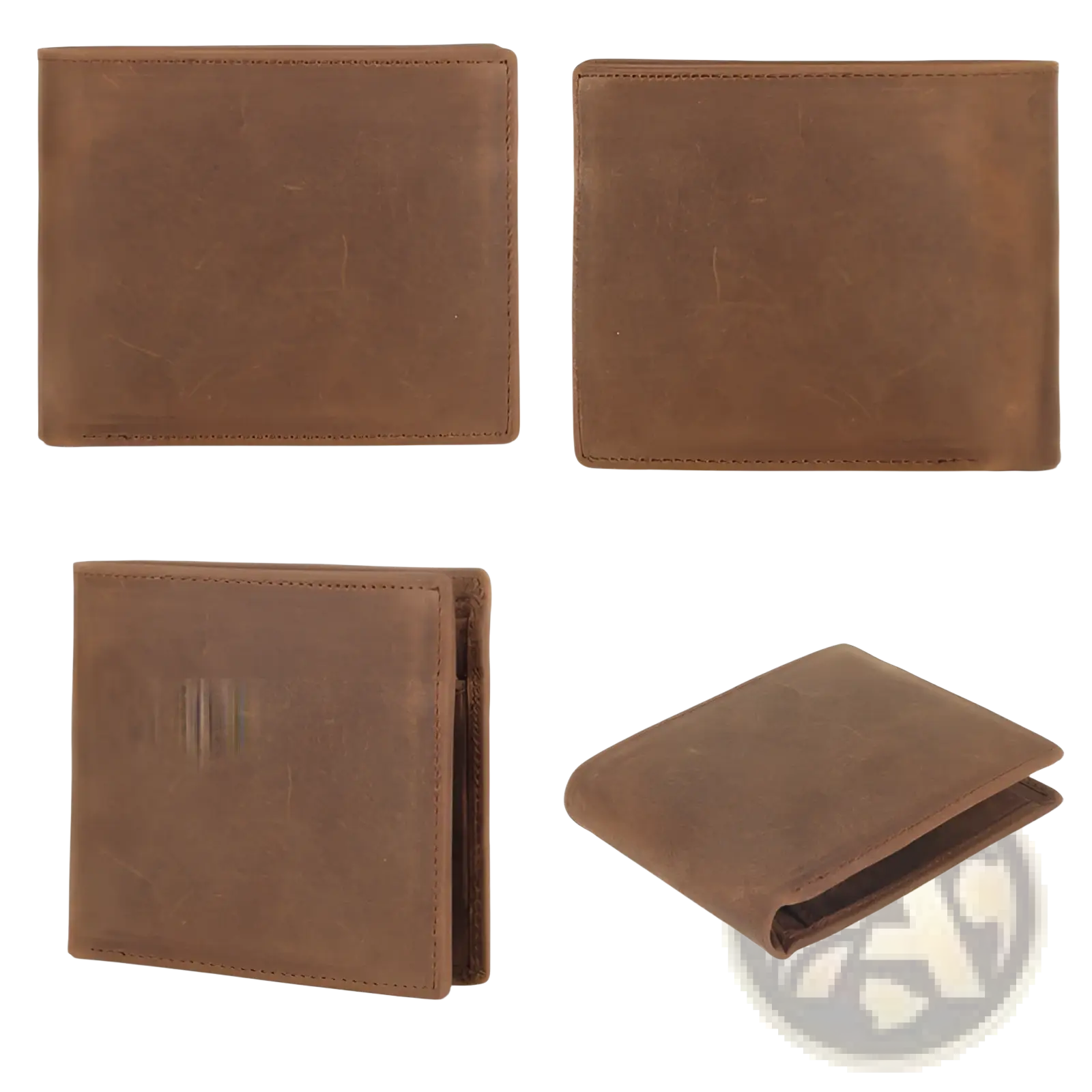 Brown leather men’s first layer cowhide bifold wallet with visible stitching and a worn textured finish