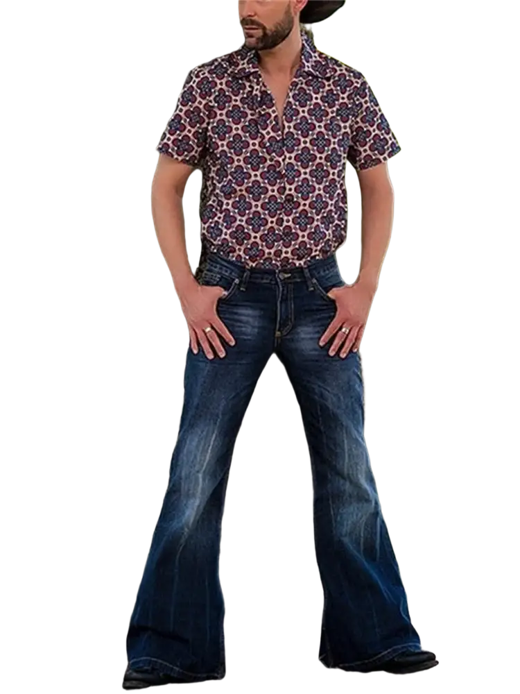 Mens flared denim jeans bell bottom trousers in blue with classic five-pocket design and subtle vintage fading
