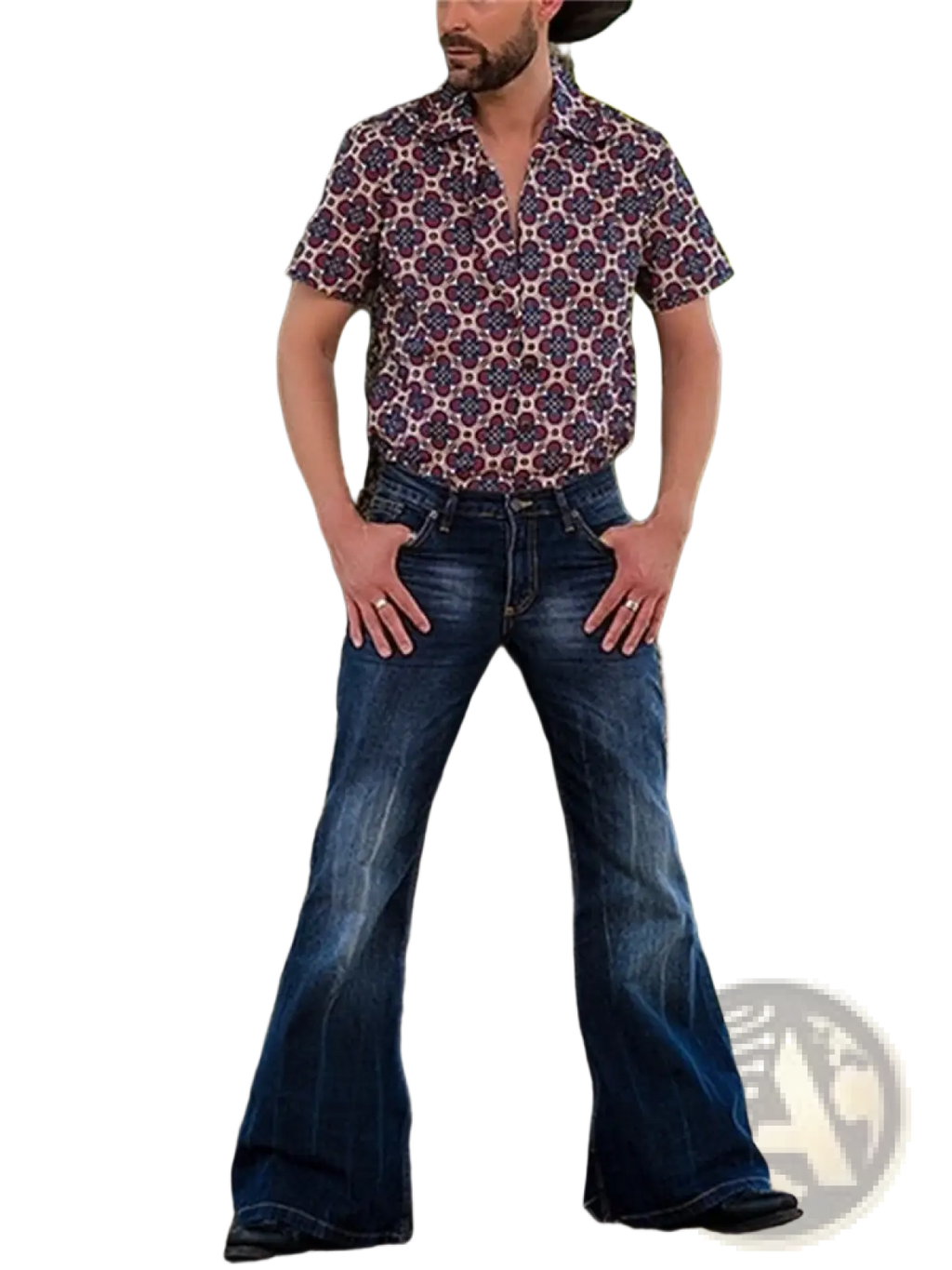 Mens flared denim jeans bell bottom trousers in blue with classic five-pocket design and subtle vintage fading