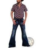 Mens flared denim jeans bell bottom trousers in blue with classic five-pocket design and subtle vintage fading