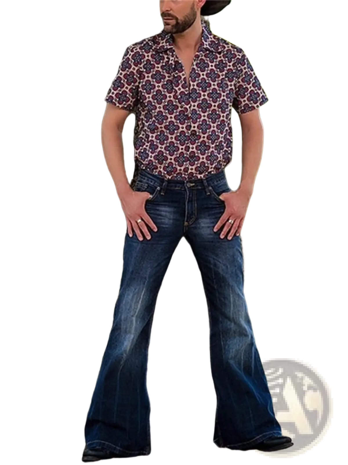 Mens flared denim jeans bell bottom trousers in blue with classic five-pocket design and subtle vintage fading