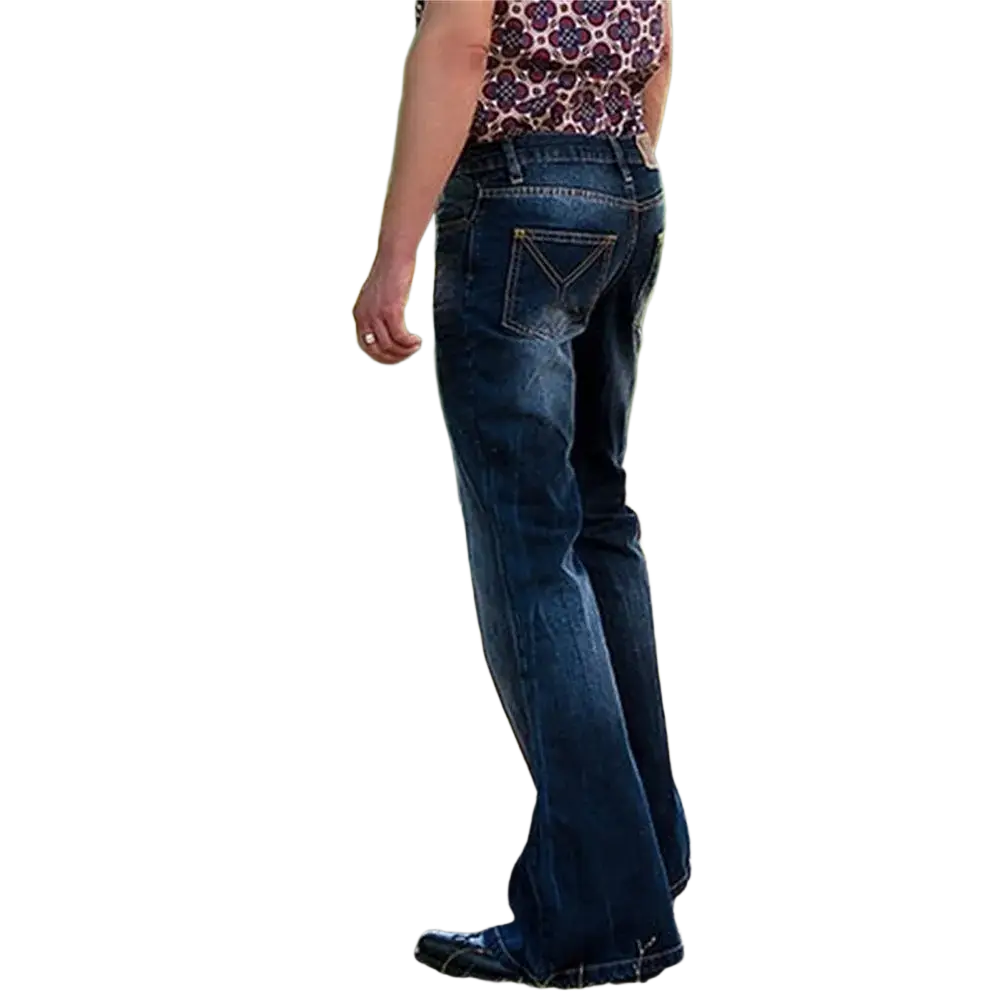 Dark blue mens flared denim jeans bell bottom trousers with visible stitching details and a flared leg cut