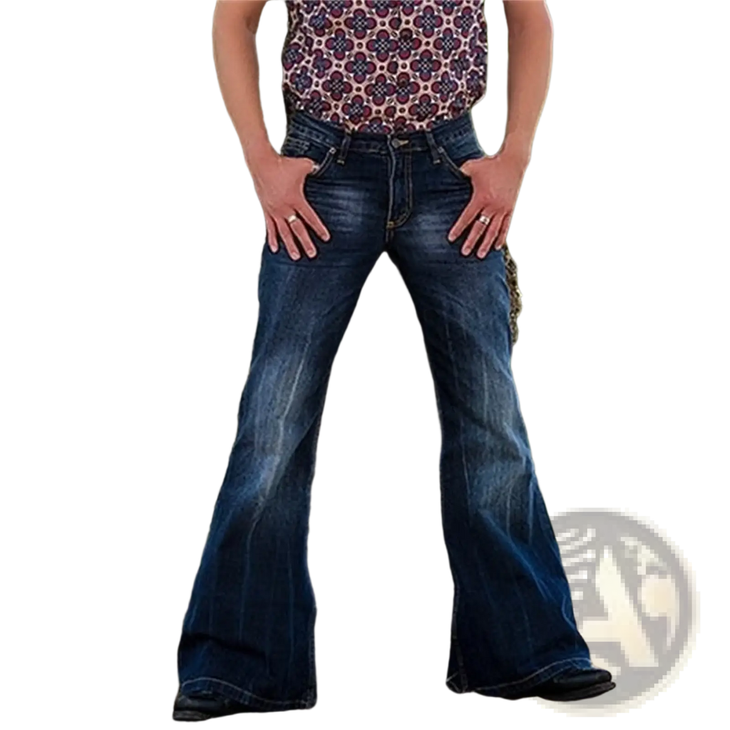 Mens flared denim jeans in dark blue with a faded wash and classic five-pocket design made of denim material