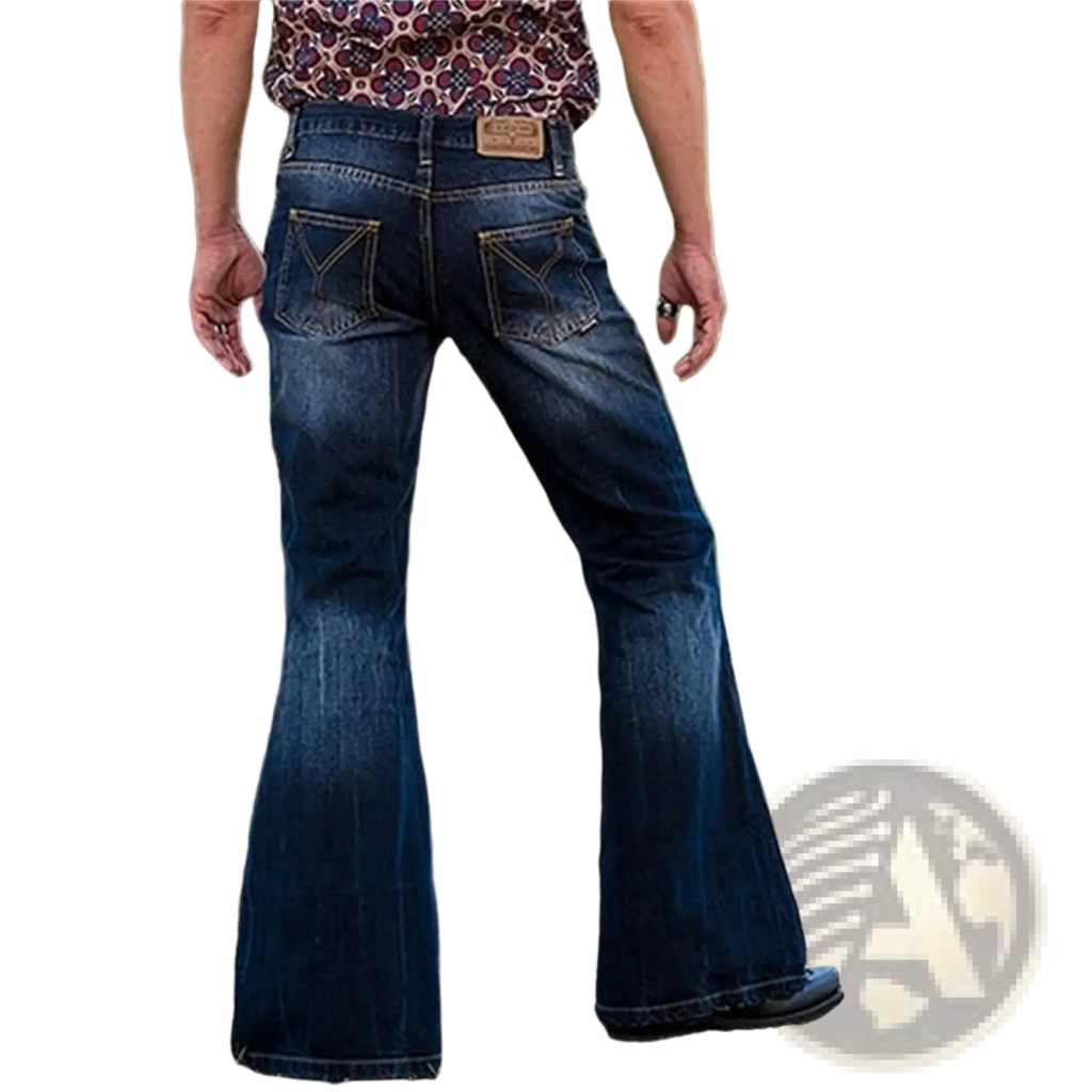Mens flared denim jeans bell bottom trousers in dark blue faded wash showing stitched back pockets viewed from back