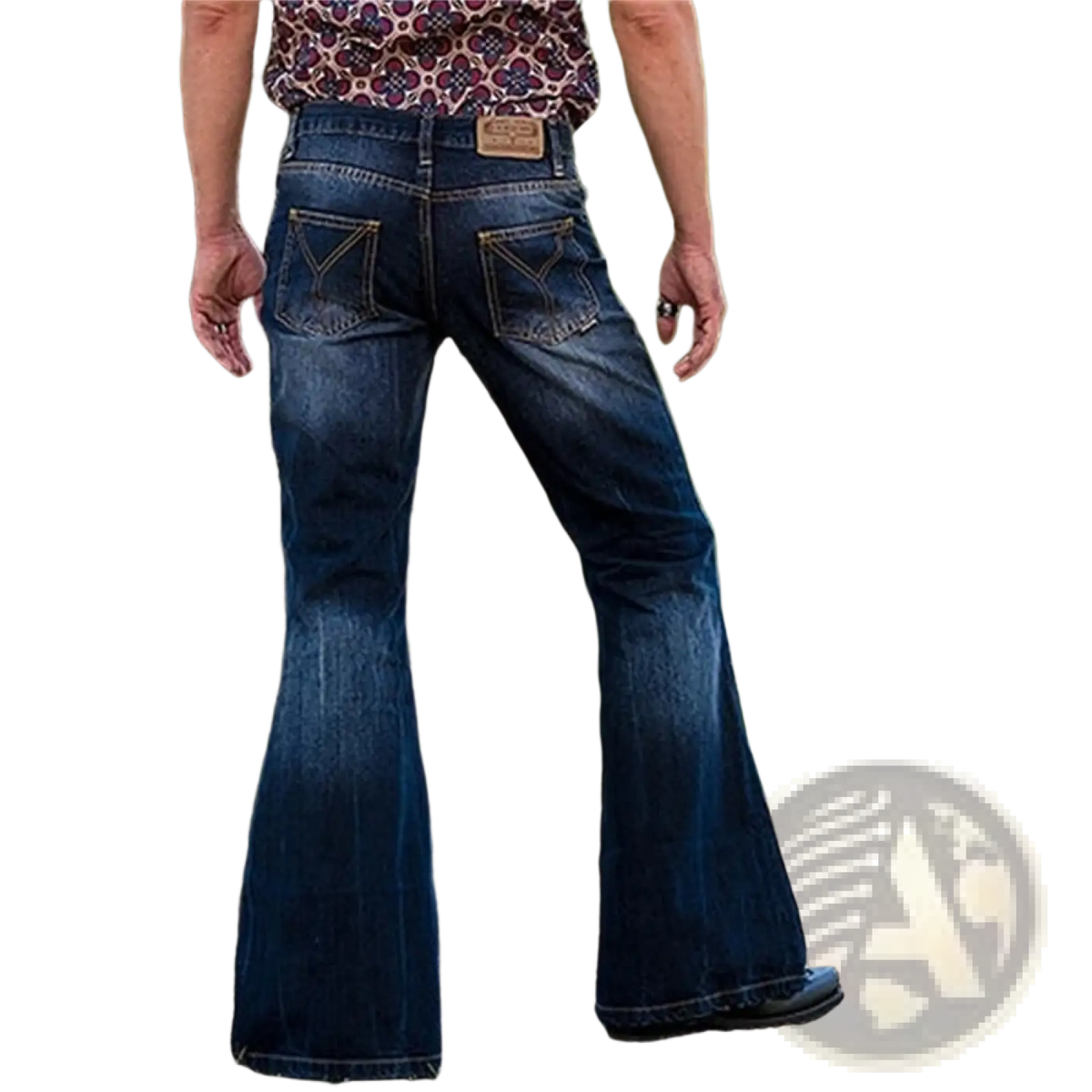 Mens flared denim jeans bell bottom trousers in dark blue faded wash showing stitched back pockets viewed from back