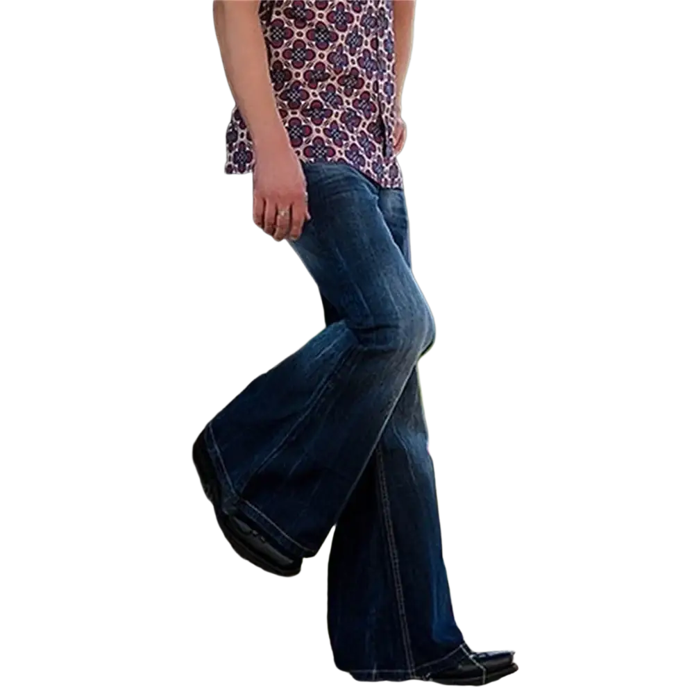 Dark blue flared denim jeans bell bottom trousers for men with a stylish wide leg design
