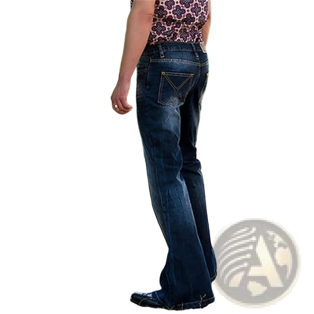 Dark blue denim flare jeans with classic back pocket design shown from the back for men bell bottom trousers