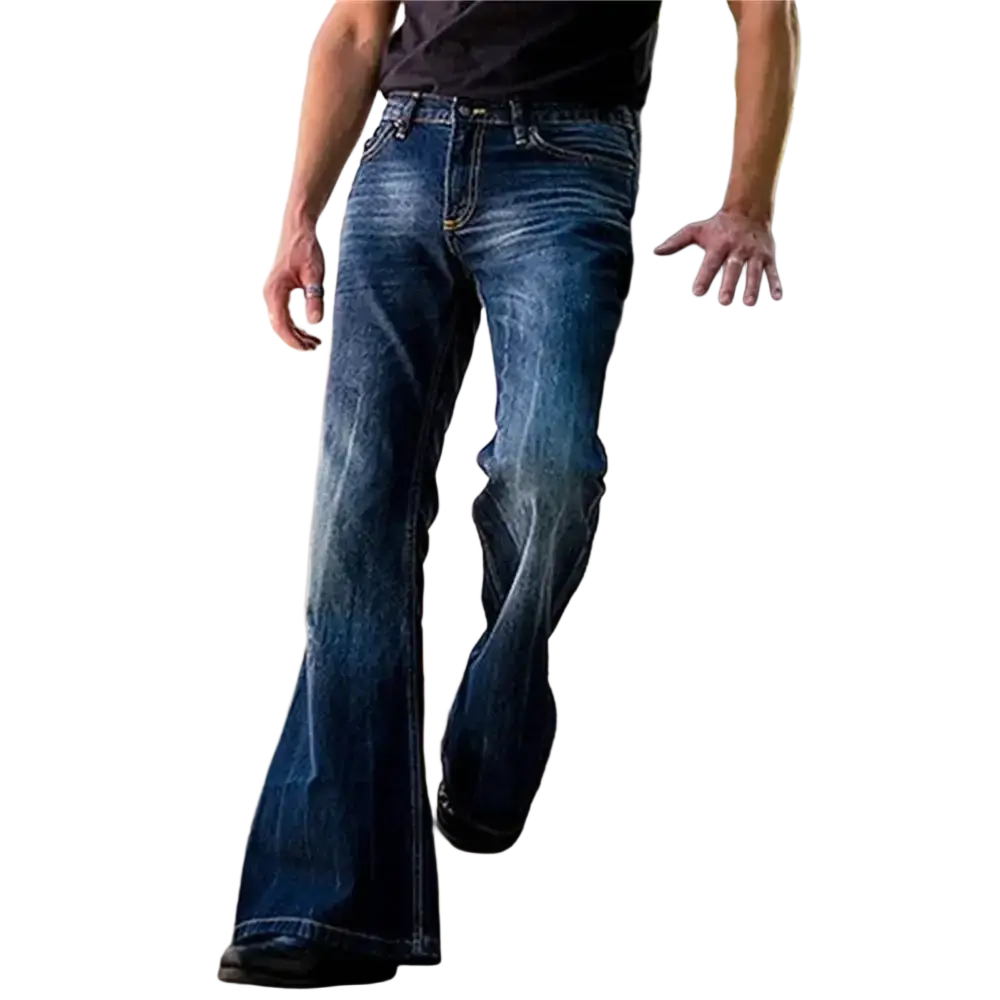 Mens flared denim jeans bell bottom trousers in dark blue with a classic five-pocket design and subtle thigh fading