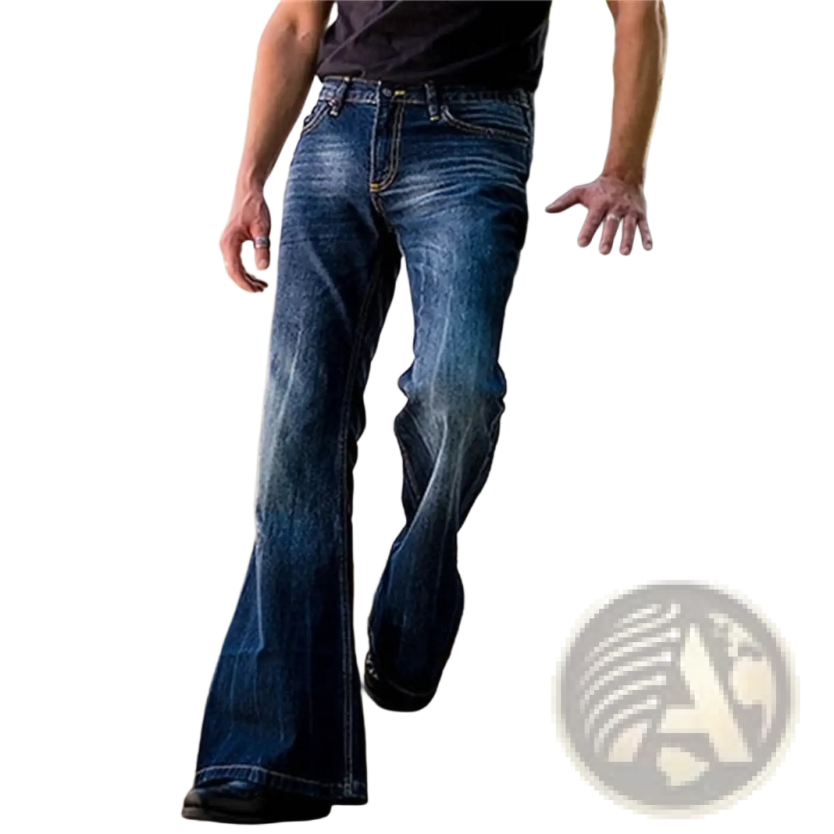 Mens flared denim jeans bell bottom trousers in dark-wash denim with classic five-pocket design and subtle thigh fading
