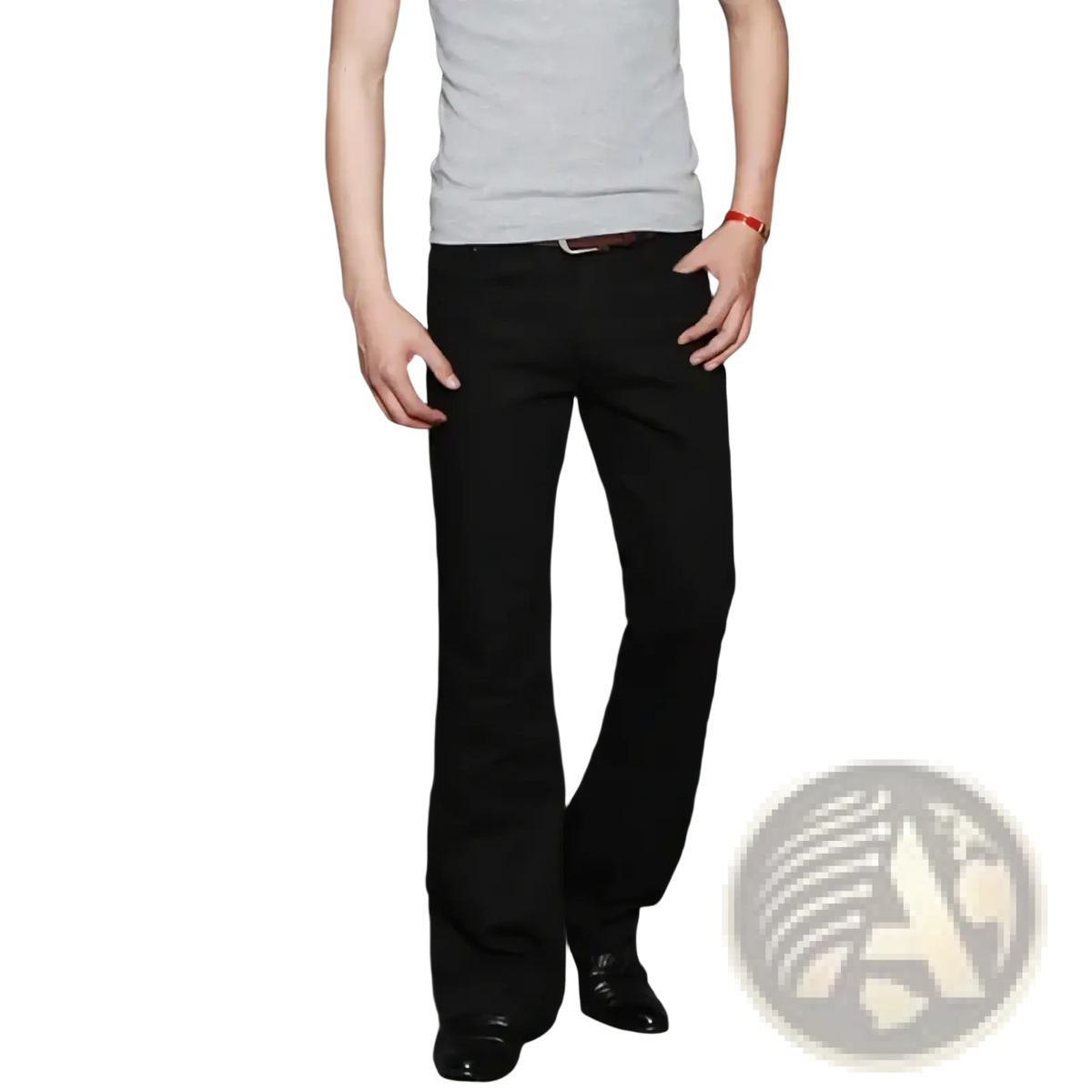 Men’s flared denim jeans bootcut casual pants in black with straight-leg tailored fit and subtle crease detail