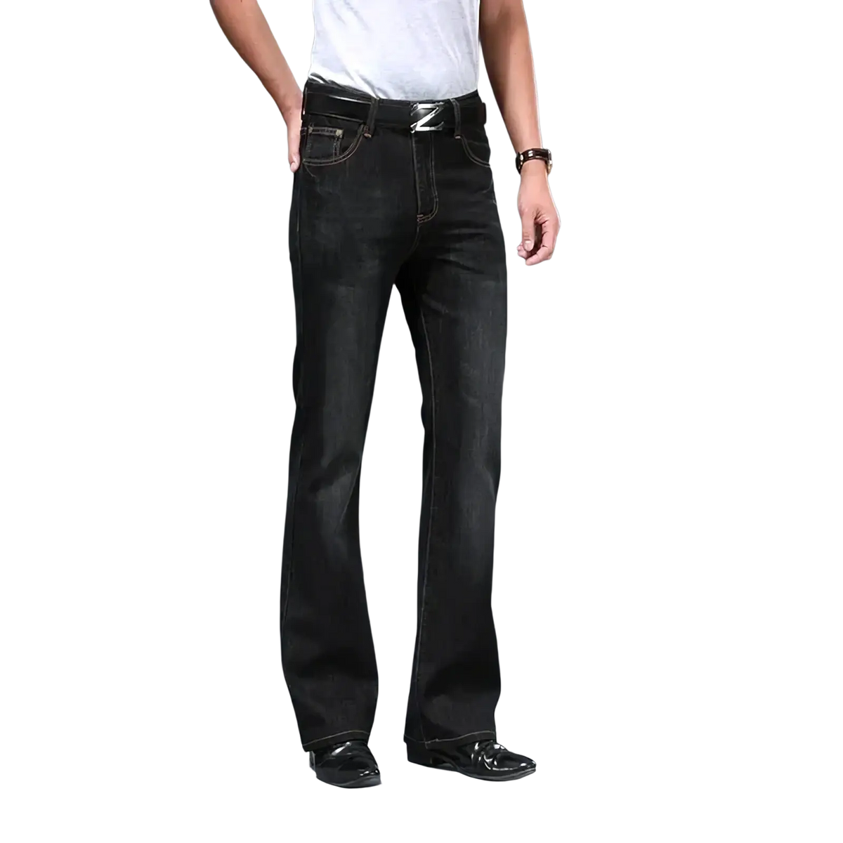 Men’s black denim jeans with flared leg cut and silver-toned belt buckle casual bootcut pants