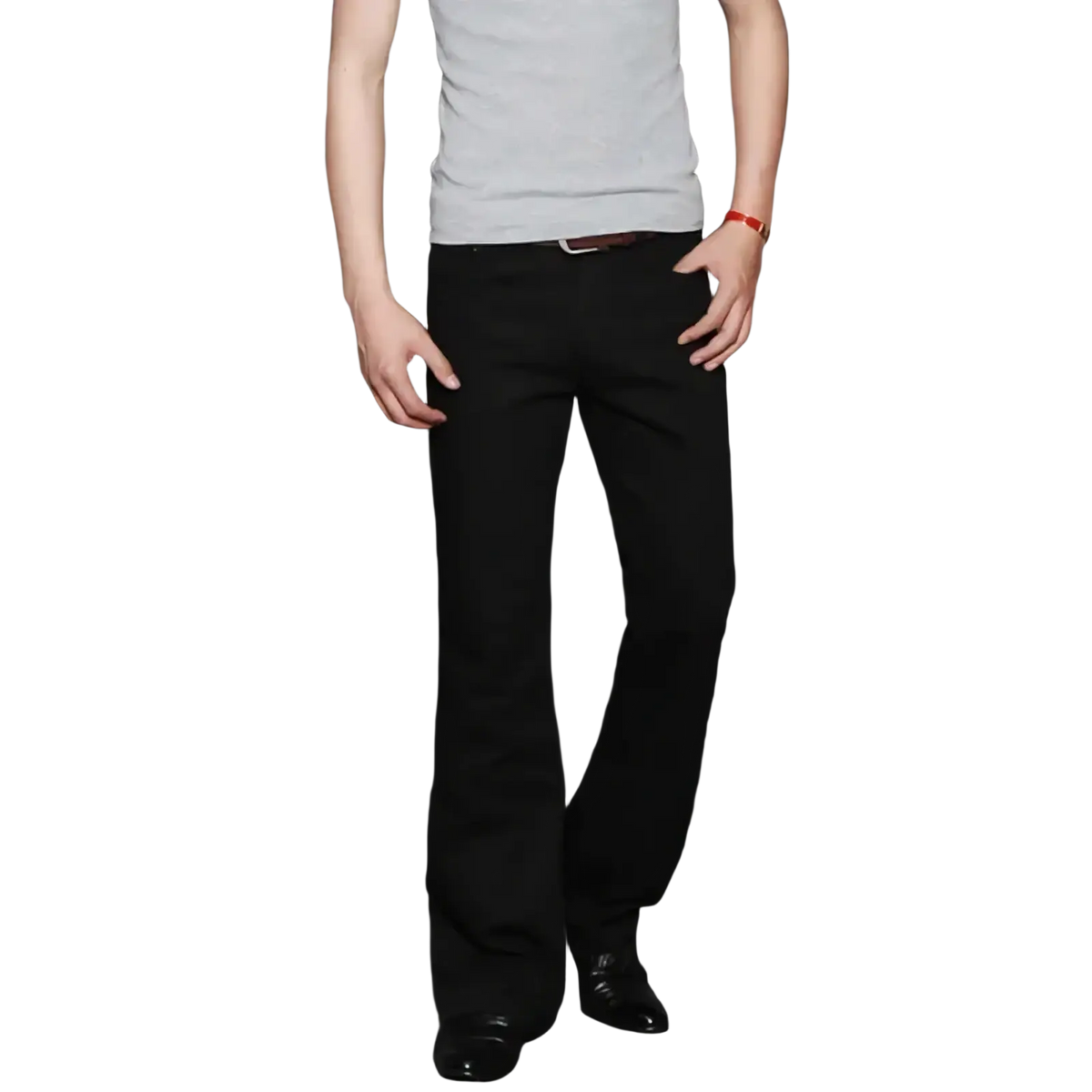 Men’s flared denim jeans bootcut casual pants in black with straight-leg tailored fit and subtle crease detail