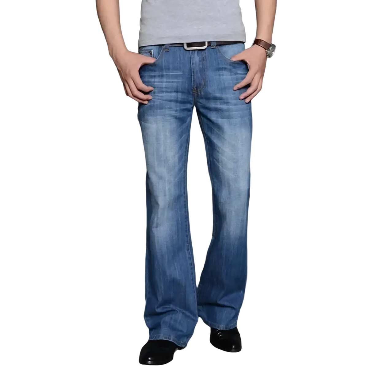Men’s blue denim jeans with flared leg cut and faded wash casual bootcut pants for everyday wear