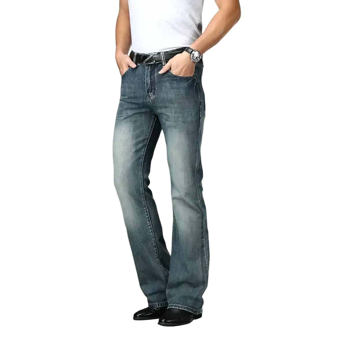 Men’s flared denim jeans in blue with faded wash and straight-leg cut casual pants made of denim material