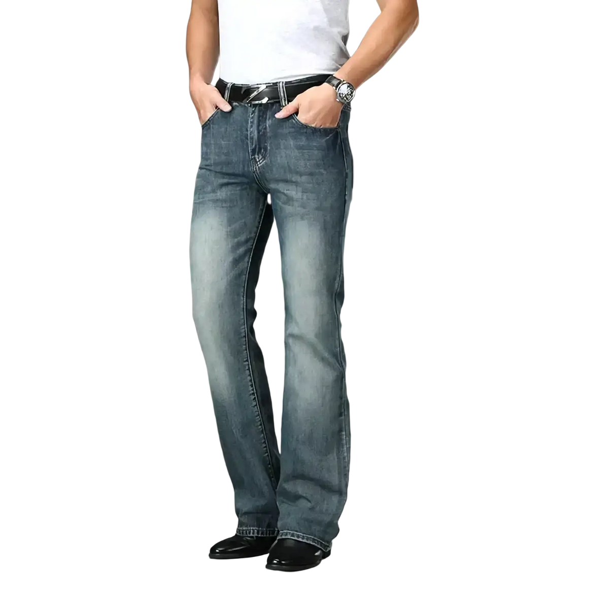 Men’s flared denim jeans in blue faded wash with classic five-pocket design for casual wear
