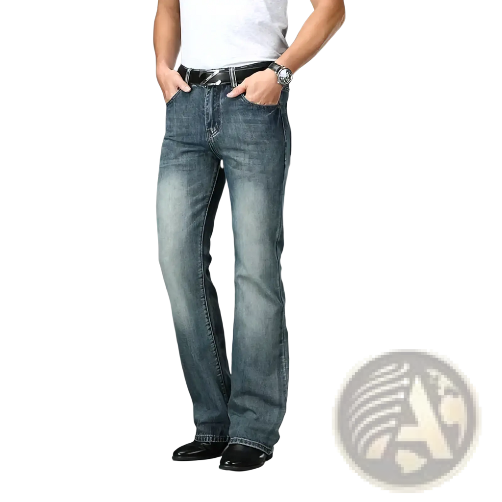Men’s flared denim jeans bootcut casual pants in blue faded wash with straight-leg cut made from denim material