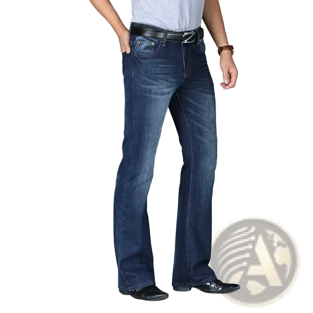 Men’s dark blue denim jeans with flared leg cut and classic stitching details for casual wear