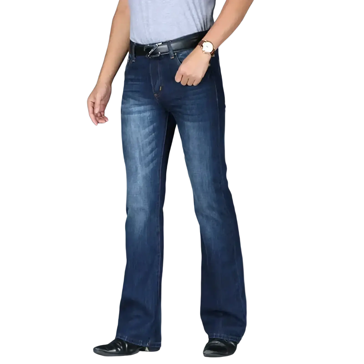 Men’s flared denim jeans in dark blue with classic straight-leg cut and subtle fading for a casual worn-in look