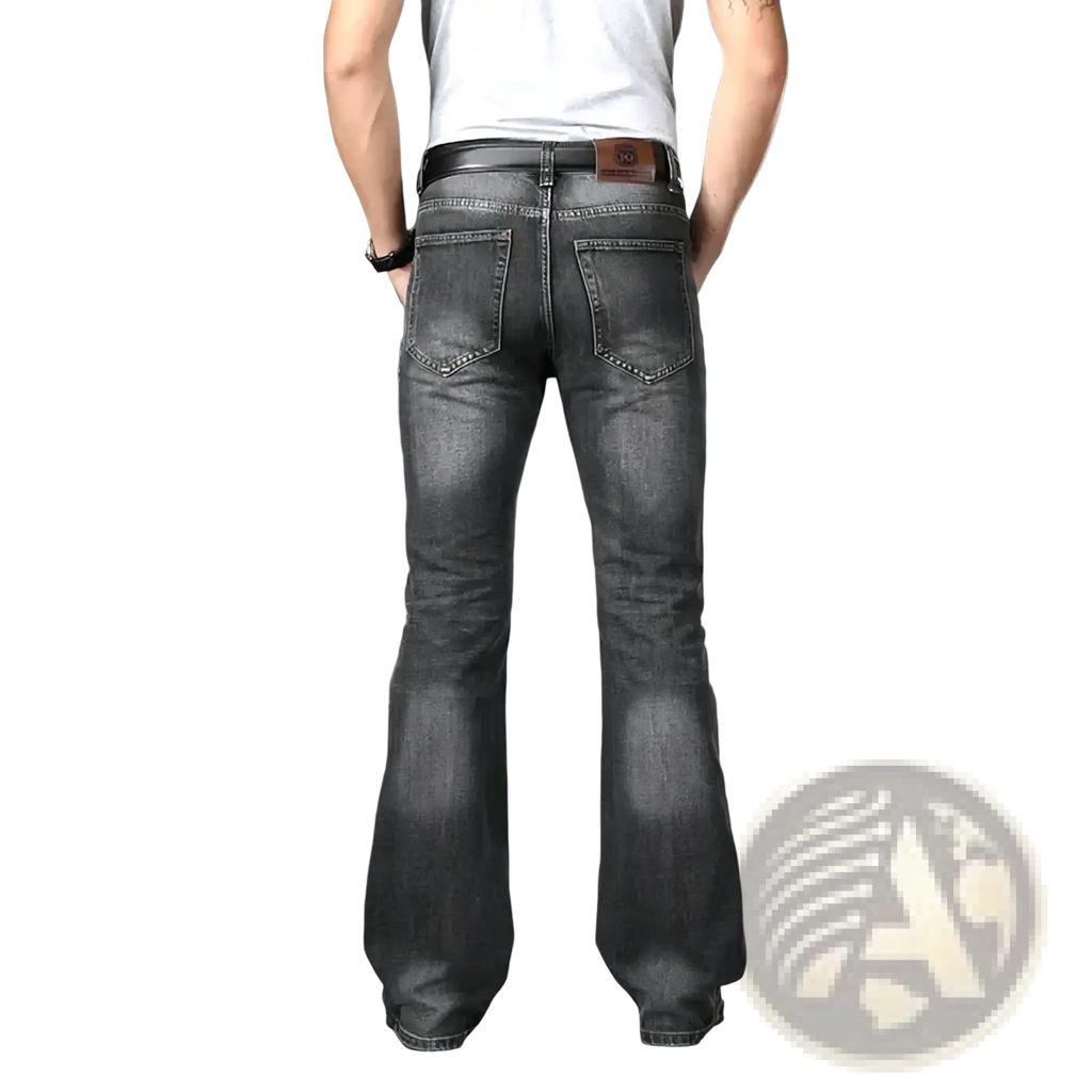 Men’s dark gray flared denim jeans with faded wash and classic back pockets shown from the back side
