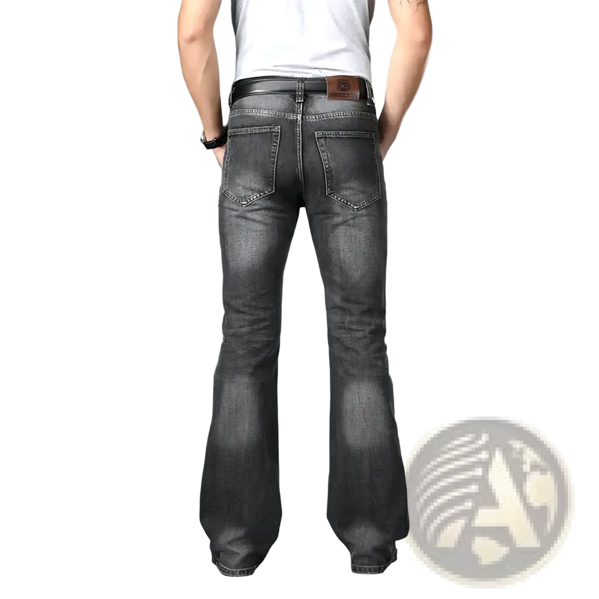 Men’s dark gray flared denim jeans with faded wash and classic back pockets shown from the back side