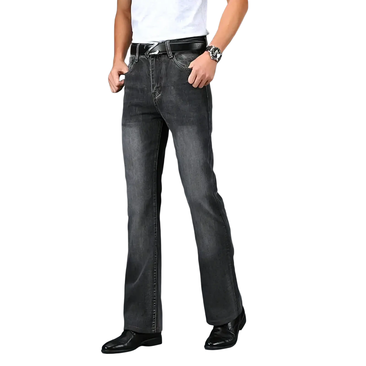 Men’s dark gray denim jeans with flared leg cut and subtle fading casual bootcut pants