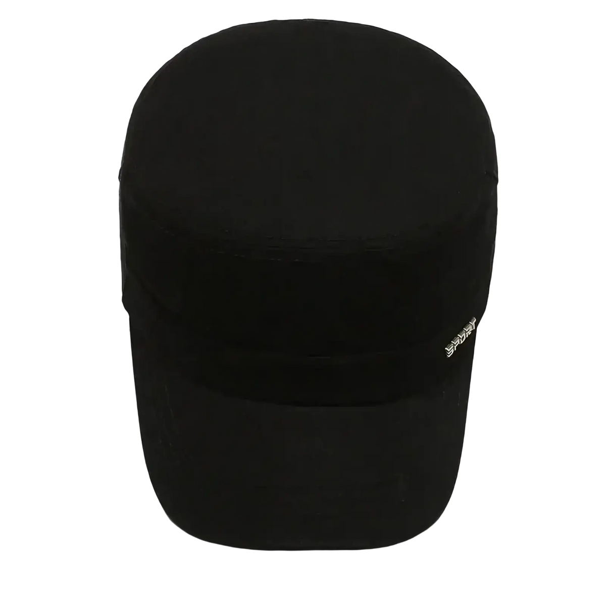 Black flat military cap with white sport logo embroidery on side designed as a casual sun visor for men