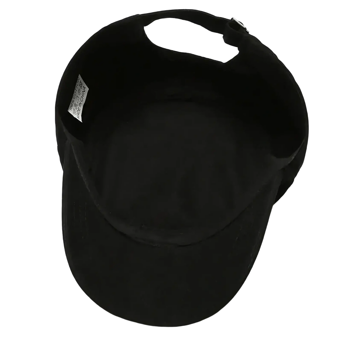 Black flat military cap with smooth matte finish and adjustable strap at the back for casual sun protection