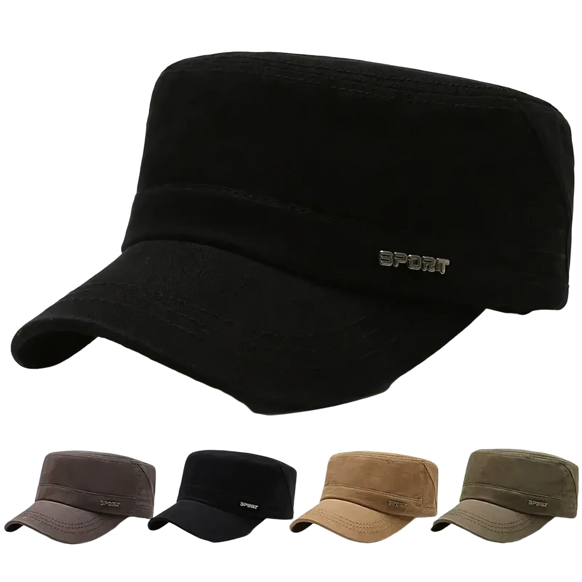 Men’s black cotton flat military cap with curved brim and silver sport embroidery for casual sun visor use
