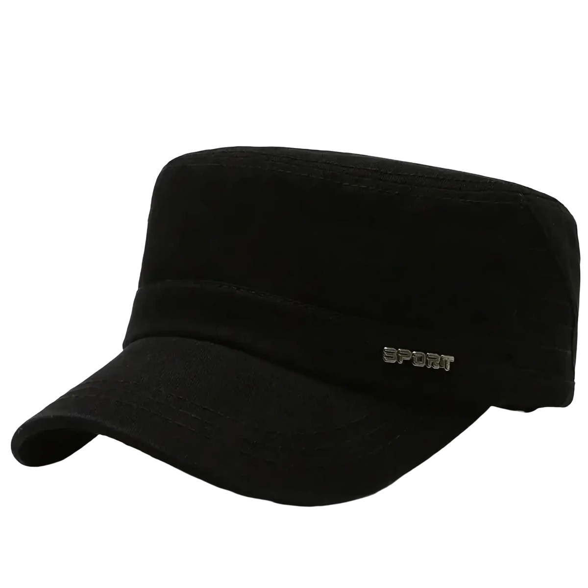 Men’s black cotton flat military cap with flat top curved brim and small silver sport logo for casual sun visor use