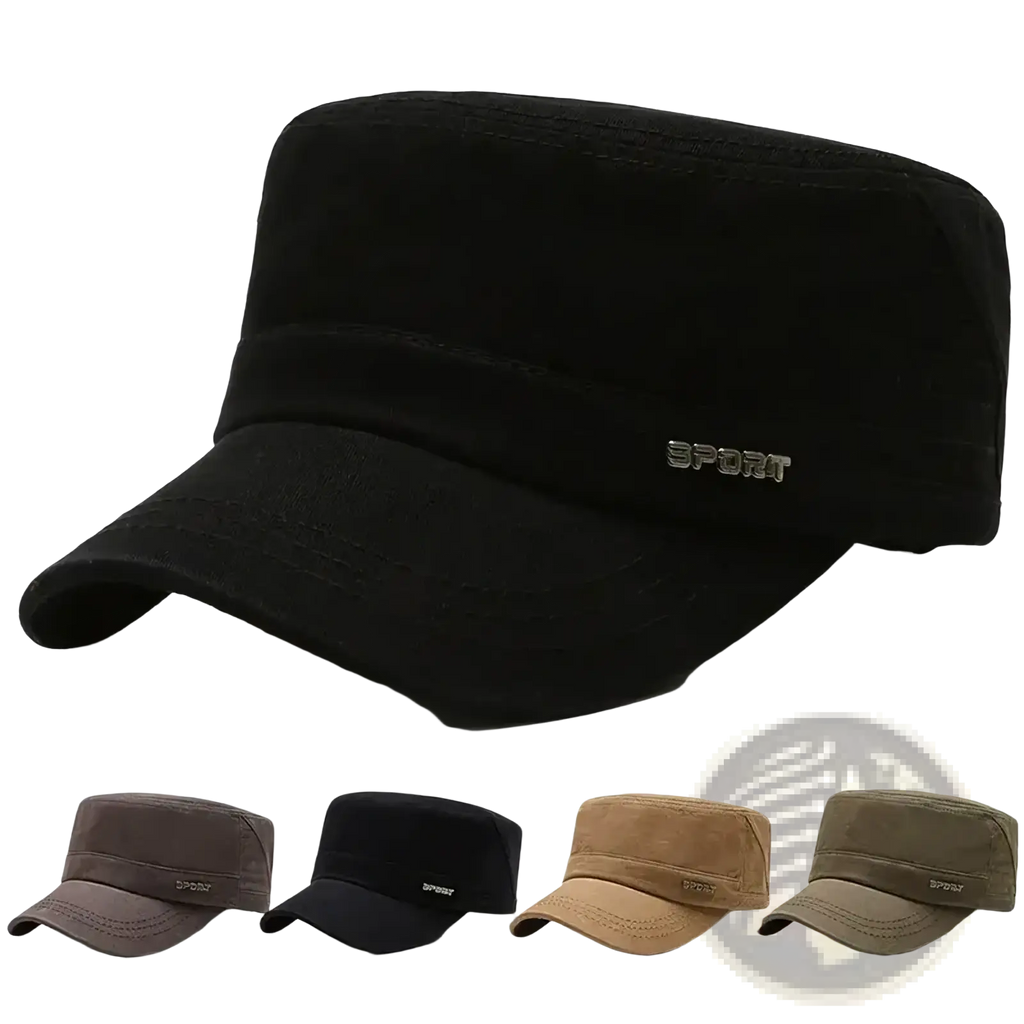 Men’s black cotton flat military cap with curved brim and silver sport embroidery for casual sun visor use