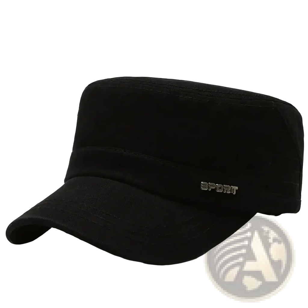 Men’s black cotton flat military cap with flat top curved brim and small silver sport logo for casual sun visor use