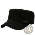 Men’s black cotton flat military cap with flat top curved brim and small silver sport logo for casual sun visor use