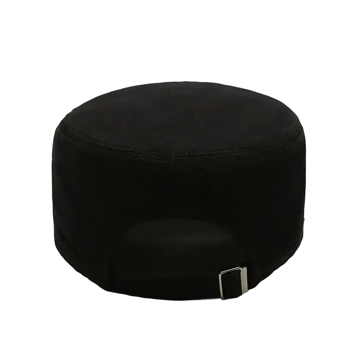 Black cylindrical ottoman with plush fabric and silver buckle paired with men’s flat military cap casual sun visor