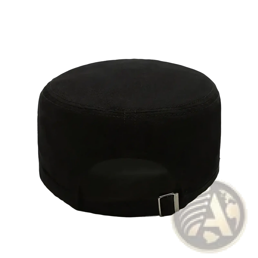 Men’s flat military cap in black denim showing the back with a silver buckle for casual sun visor use