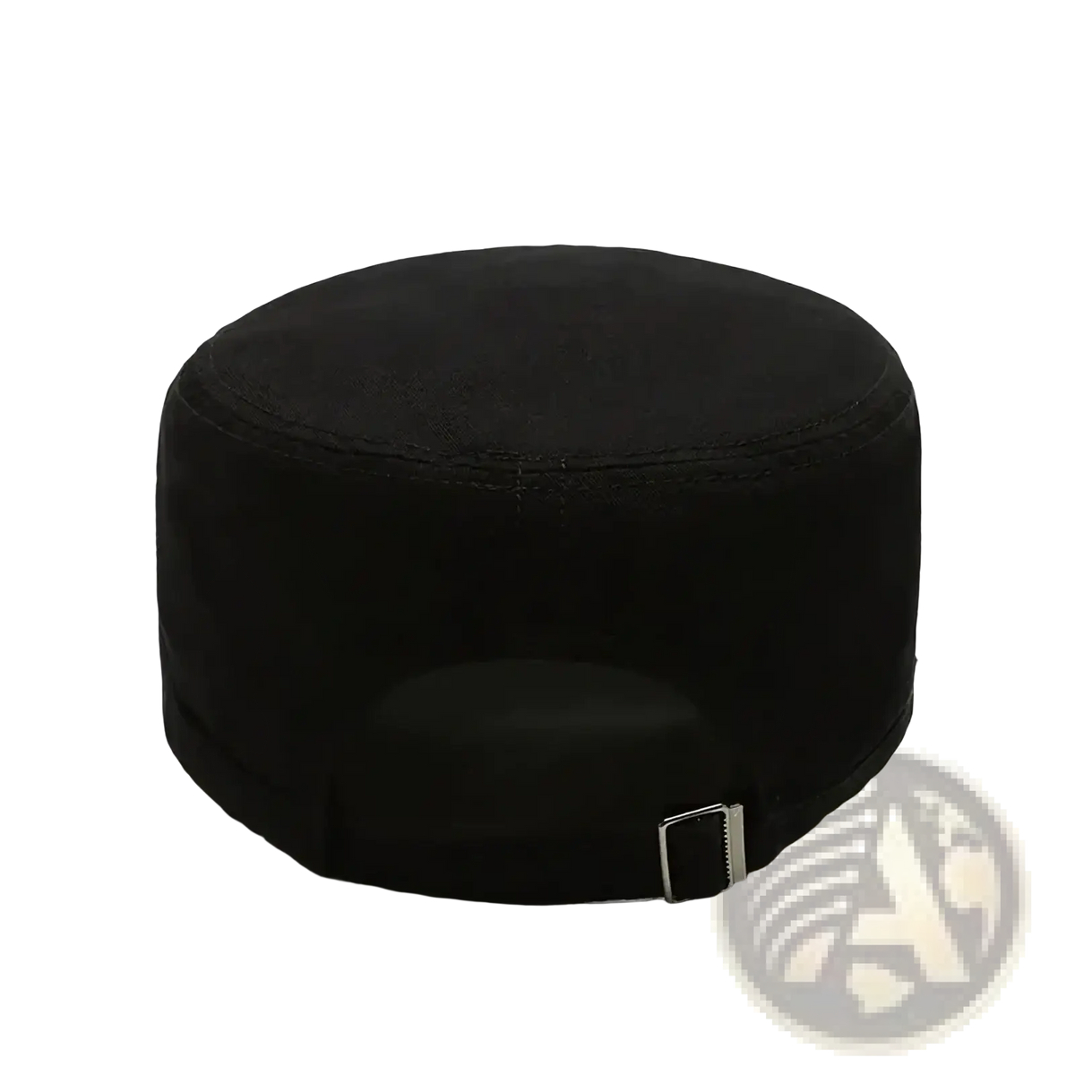 Men’s flat military cap in black denim showing the back with a silver buckle for casual sun visor use