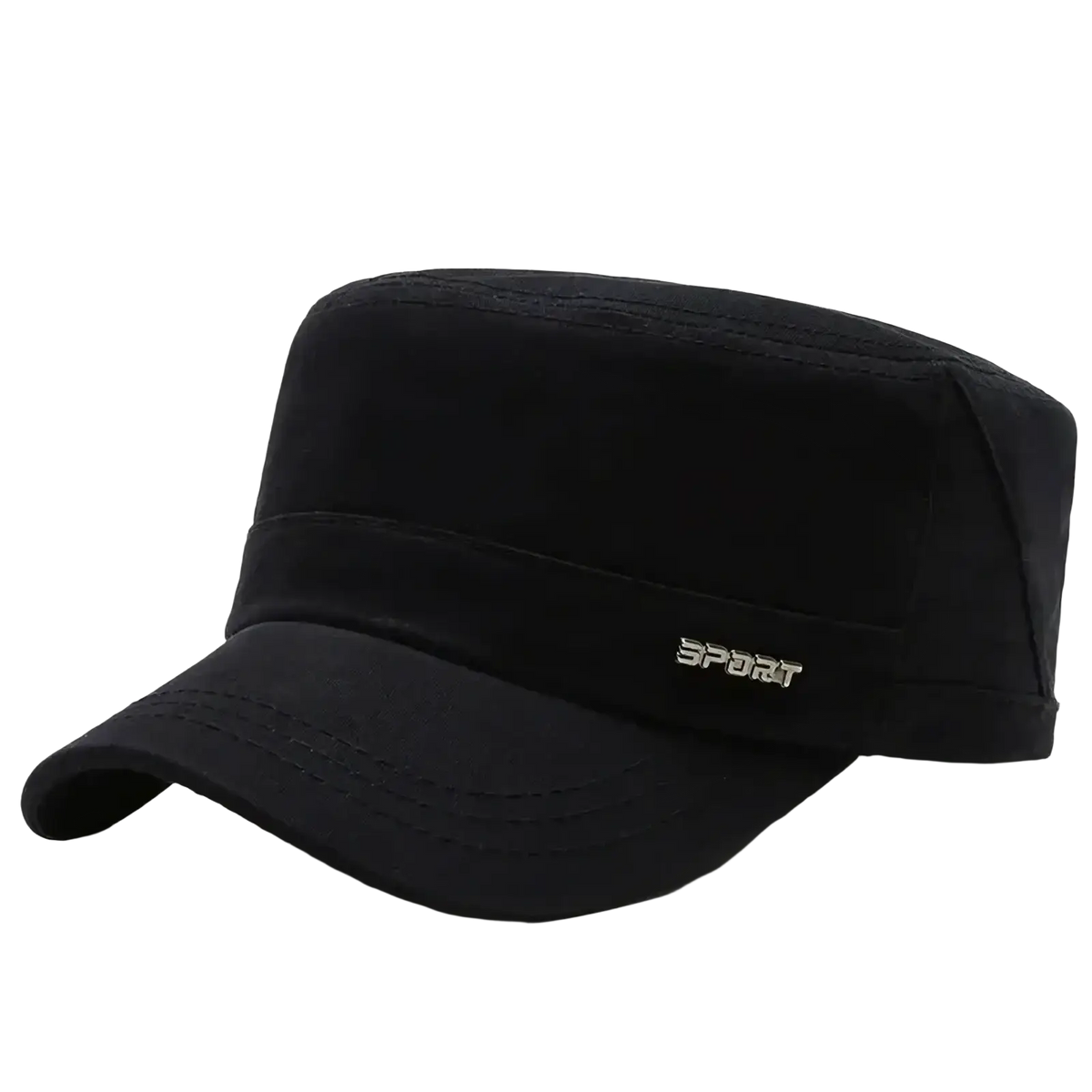 Men’s black flat military cap with subtle silver sport logo embroidered on the side casual sun visor design