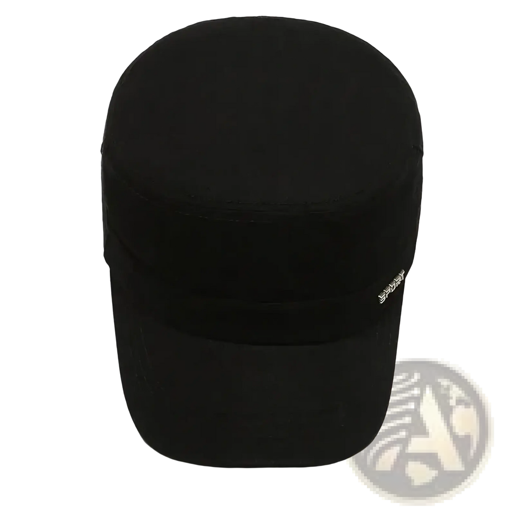Black fabric men’s flat military cap with subtle embroidered logo on the side for casual sun visor use