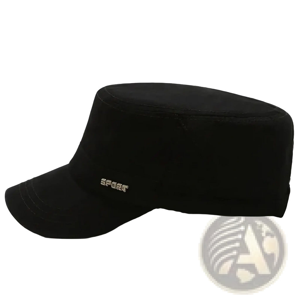 Men’s flat military cap in black fabric with a subtle sport logo embroidered in silver for casual sun protection