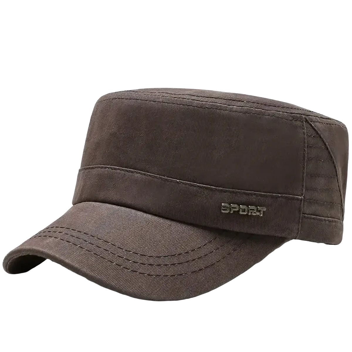 Dark brown cotton flat military cap with structured flat top and stitched detailing for casual sun wear