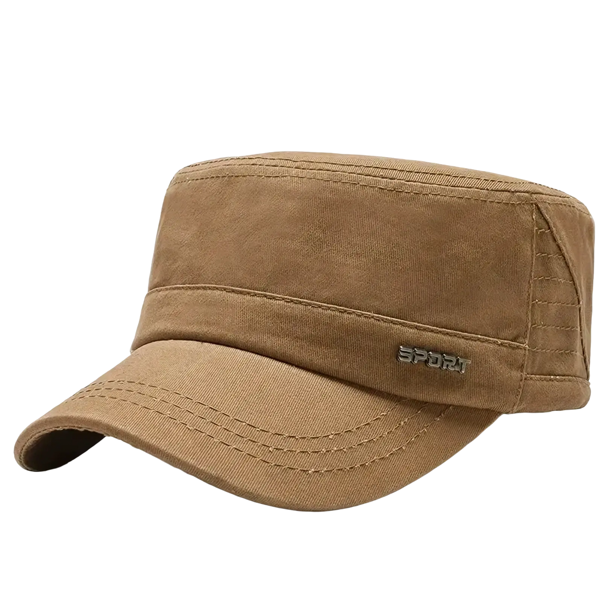 Men’s flat military cap in tan cotton with structured flat-top design and stitched detailing for casual sun visor use
