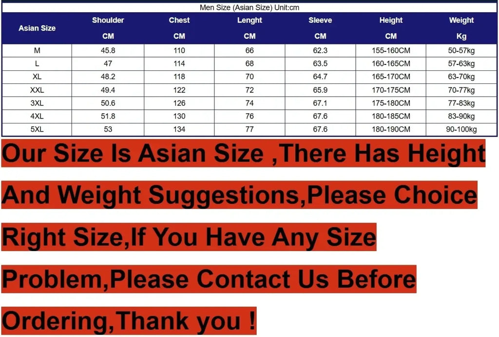 Asian size men’s fleece bomber jacket warm winter coat sizing chart with measurements in cm and kg for m to 5xl