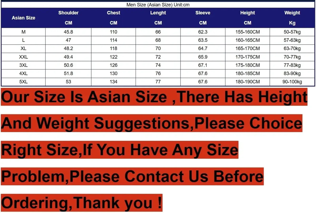 Asian size men’s fleece bomber jacket warm winter coat sizing chart with measurements in cm and kg for m to 5xl