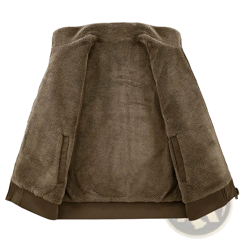 Men’s brown fleece bomber jacket with plush soft texture fleece lining and ribbed cuffs for warm winter wear
