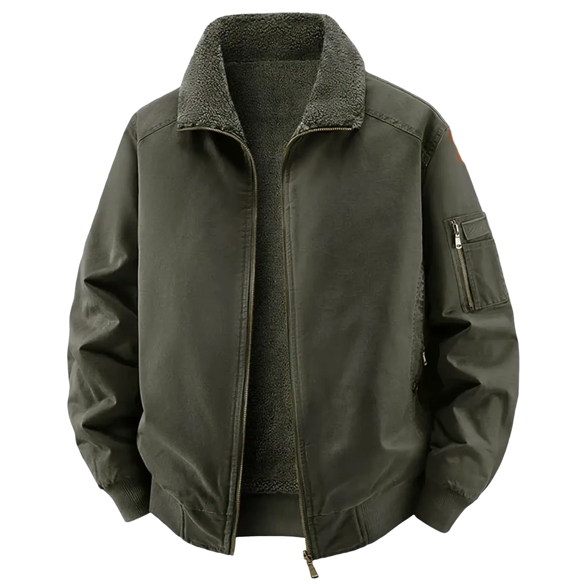 Men’s dark olive green fleece bomber jacket with plush fleece-lined collar and interior for warmth winter coat