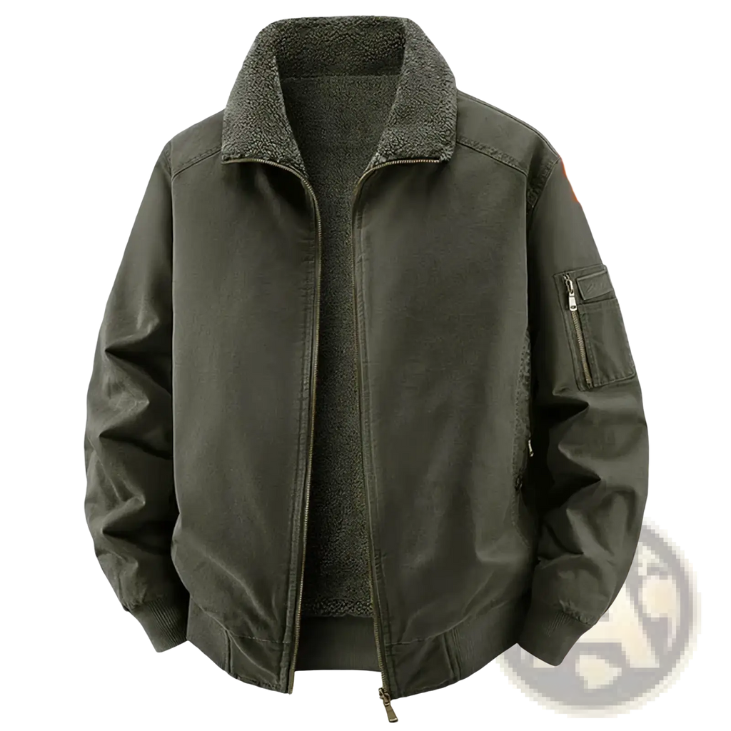 Men’s dark olive green fleece bomber jacket with plush fleece-lined collar and interior for warmth winter coat